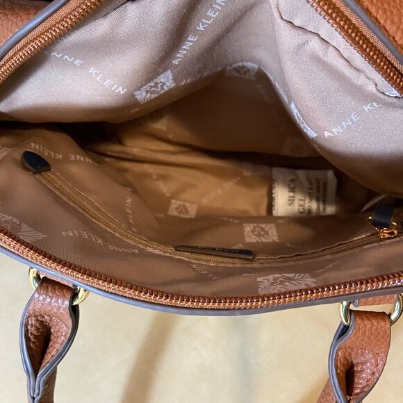 Anne Klein Navy & Cognac Pebbled Satchel with Crossbody Strap - Picture 6 of 9